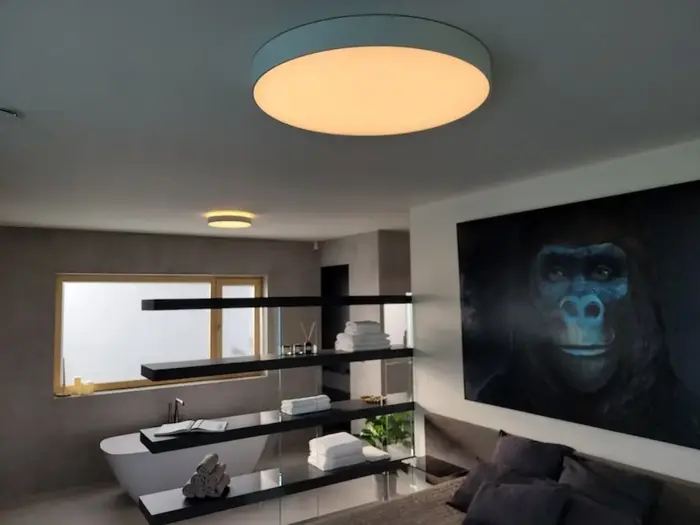 Velký prostor osvítí velké kruhové svítidlo Huge o průměru 85cm. Doplněné o chytré bezdrátové ovládání osvětlení. Atmosféra vytváří příjemné prostředí.
